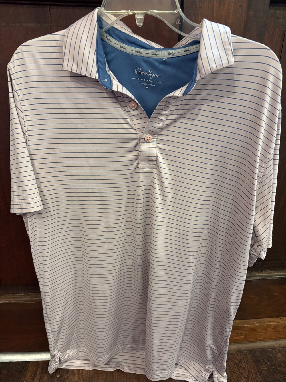 Walter Hagen Men’s Pale Pink Polo with Blue Pinstripes